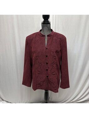 Dressbarn Jacket Woman Size 1X Burgundy Embroidered Button Front Long Sleeves